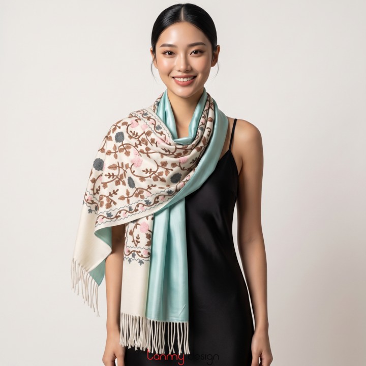 Two-layer silk wool scarf embroidered with flowers and leaves